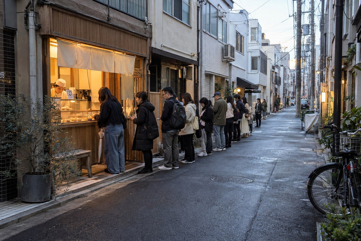 A line of people waiting at dawn outside a small lantern-lit dessert counter on a narrow Osaka street.